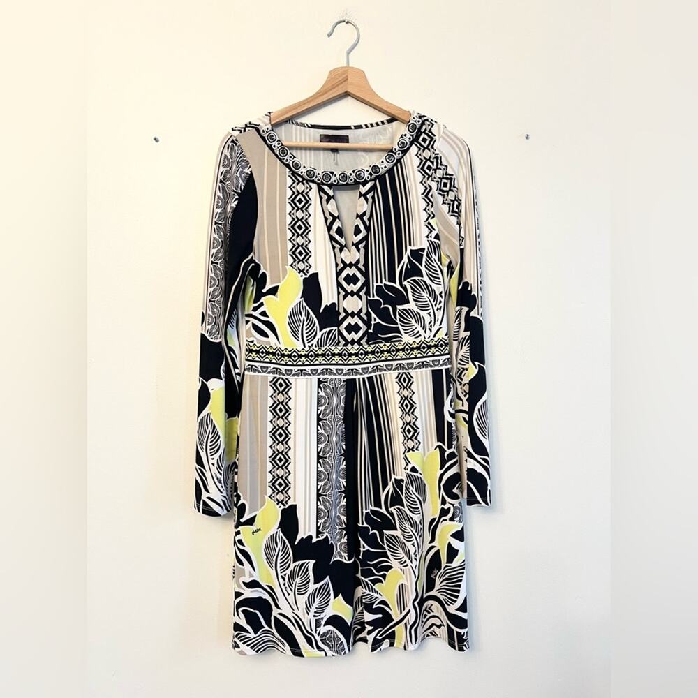 Hale bob black printed floral dress long sleeve beaded neck collar